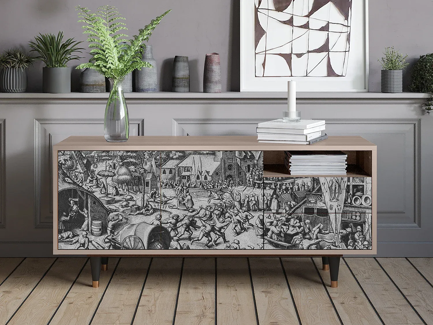 Moderner Fernsehtisch mit Stauraum, Holzdesign, 125x56x41 cm-Velessaliving