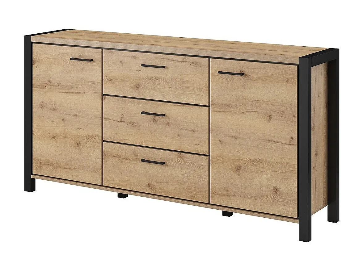 Sideboard mit 2 Türen und 3 Schubladen, Eiche und Schwarz, 180cm-Velessaliving