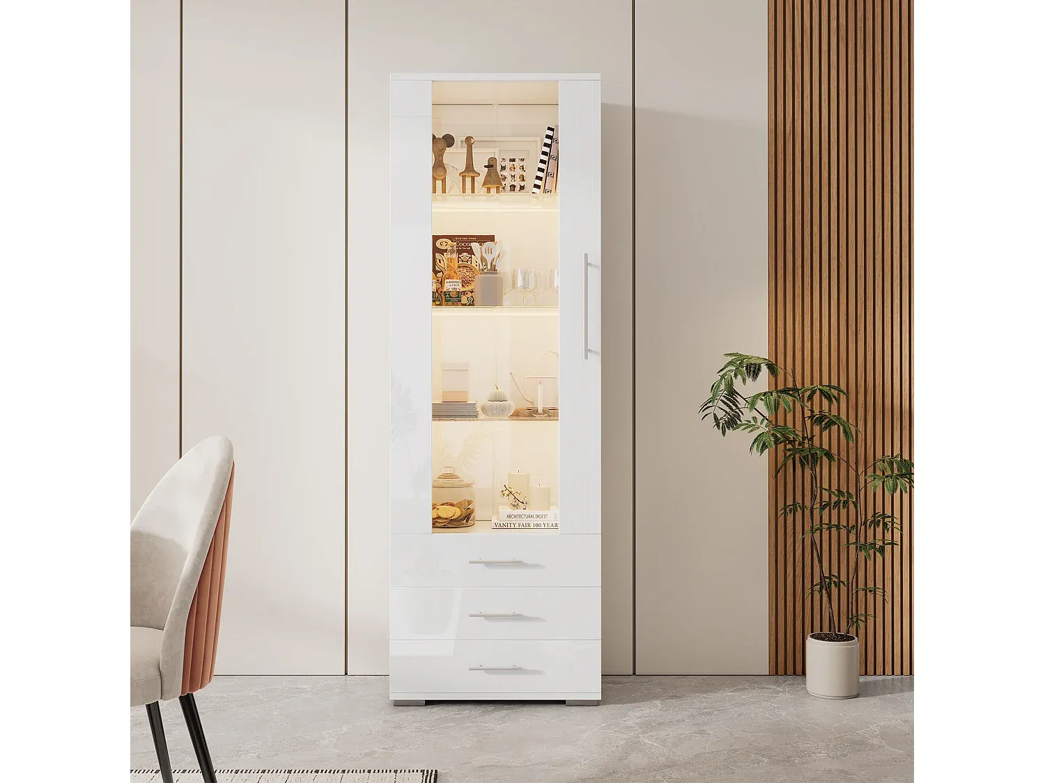 Moderne Vitrine mit LED-Licht und Schubladen, 180 cm Höhe-Velessaliving