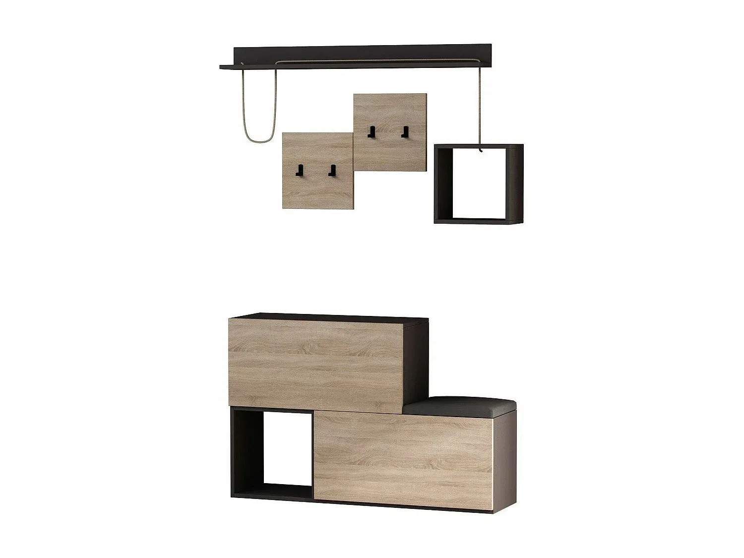 Multifunktionale Wandgarderobe für den Eingangsbereich, 120x17x76 cm, Anthrazit und Eiche-Velessaliving