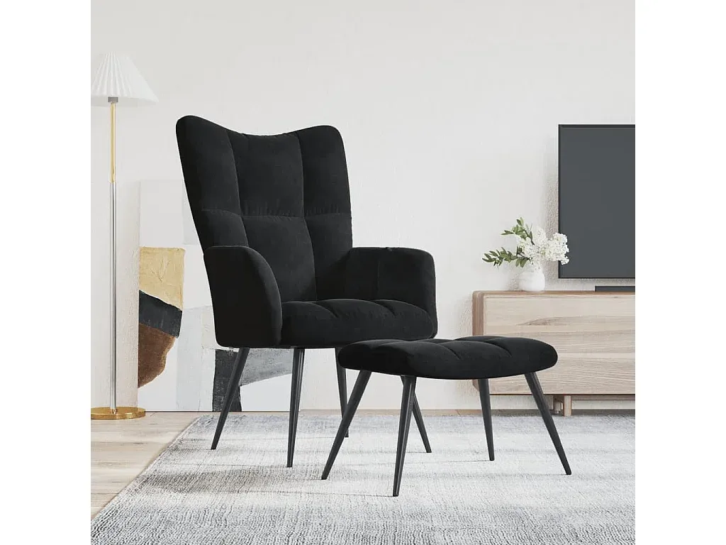 Bequemer Ruhesessel mit Fußhocker in Schwarz Samt-Velessaliving
