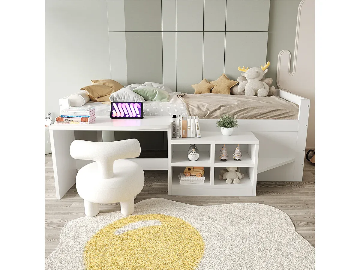 Praktisches Jugendbett mit Stauraum und Schreibtisch, 90x200 cm, Weiß-Velessaliving