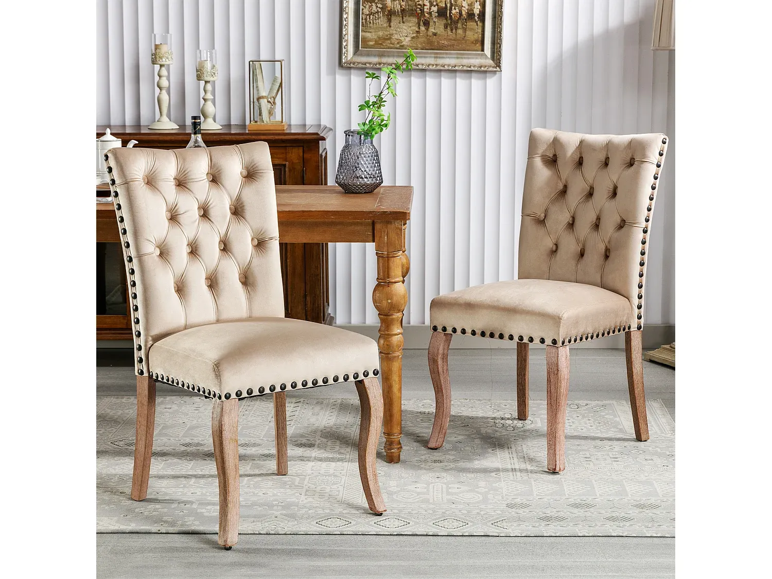 Samt-Esszimmerstühle im 2er-Set mit Walnussholzbeinen und Knöpfen, Beige-Velessaliving