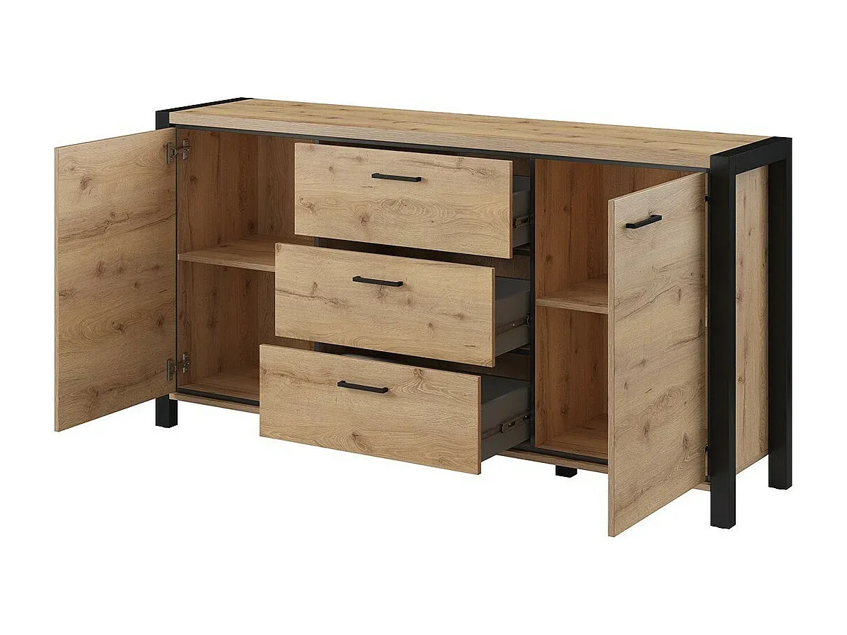 Sideboard mit 2 Türen und 3 Schubladen, Eiche und Schwarz, 180cm-Velessaliving