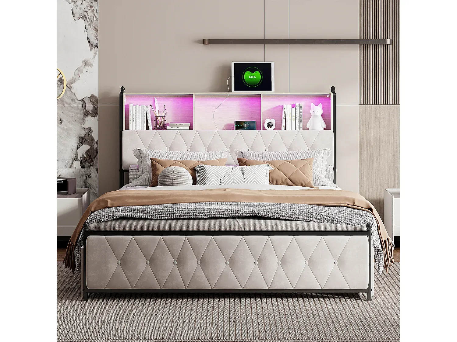 Polsterbett mit LED Beleuchtung und USB-Anschluss, 4 Schubladen, Lattenrost, Samtstoff, 140x200cm, Beige-Velessaliving