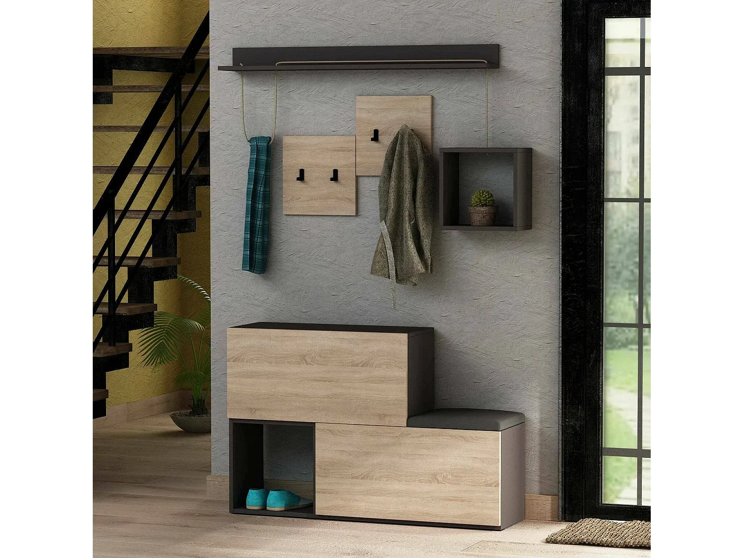 Multifunktionale Wandgarderobe für den Eingangsbereich, 120x17x76 cm, Anthrazit und Eiche-Velessaliving