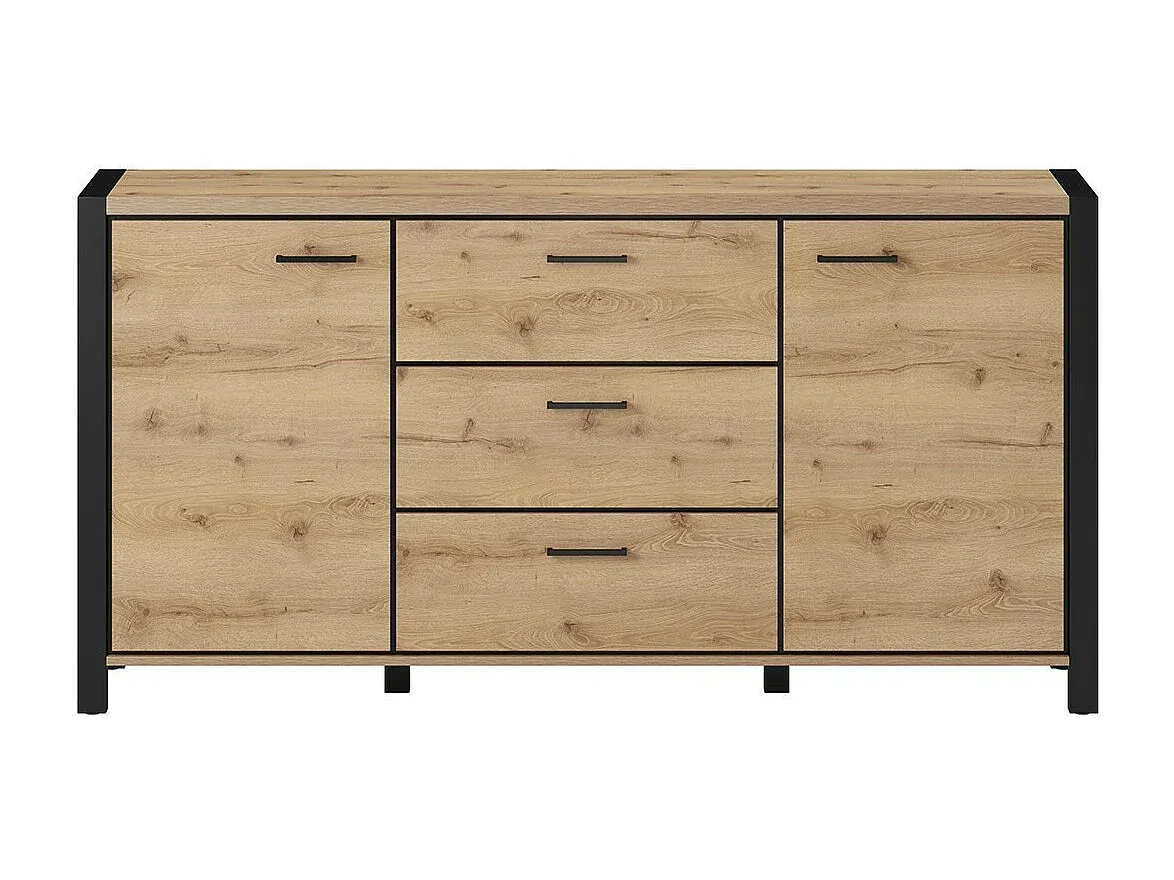 Sideboard mit 2 Türen und 3 Schubladen, Eiche und Schwarz, 180cm-Velessaliving