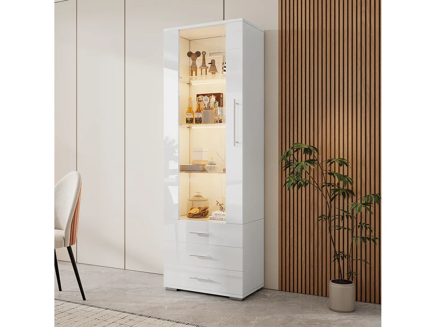 Moderne Vitrine mit LED-Licht und Schubladen, 180 cm Höhe-Velessaliving