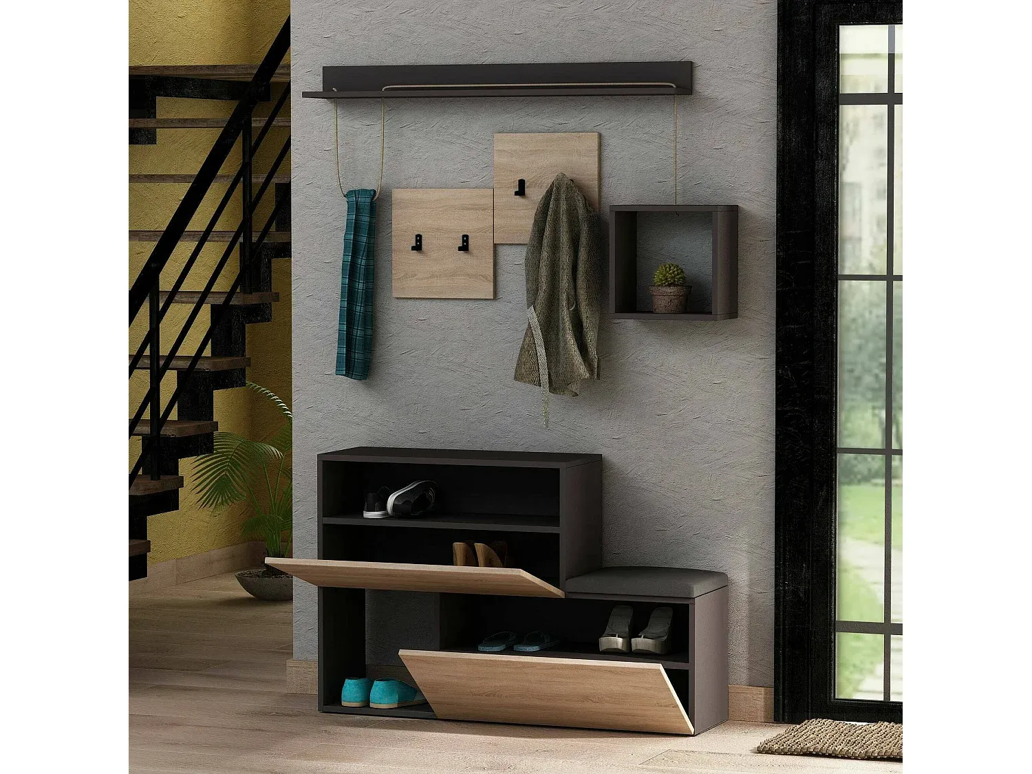 Multifunktionale Wandgarderobe für den Eingangsbereich, 120x17x76 cm, Anthrazit und Eiche-Velessaliving