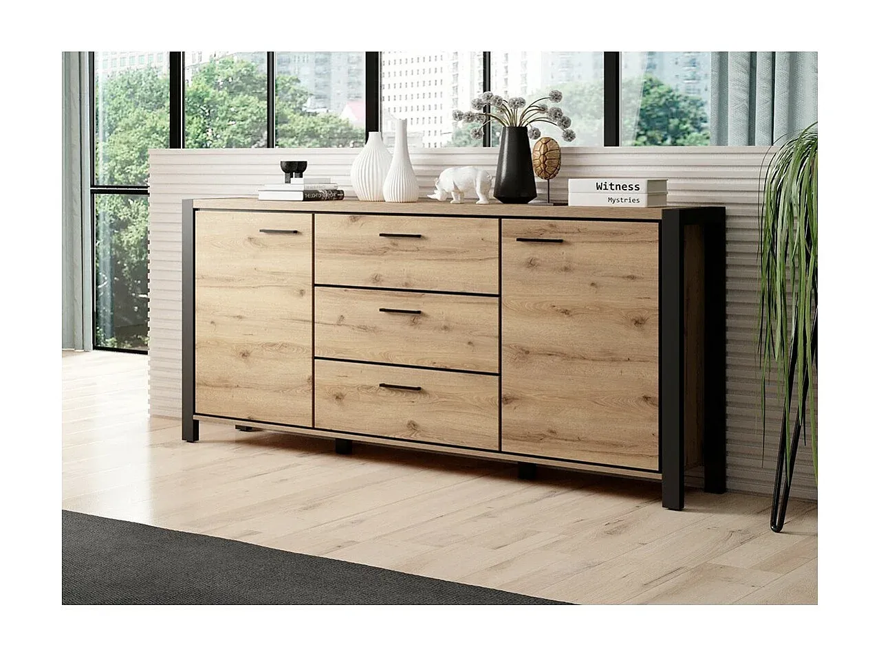 Sideboard mit 2 Türen und 3 Schubladen, Eiche und Schwarz, 180cm-Velessaliving