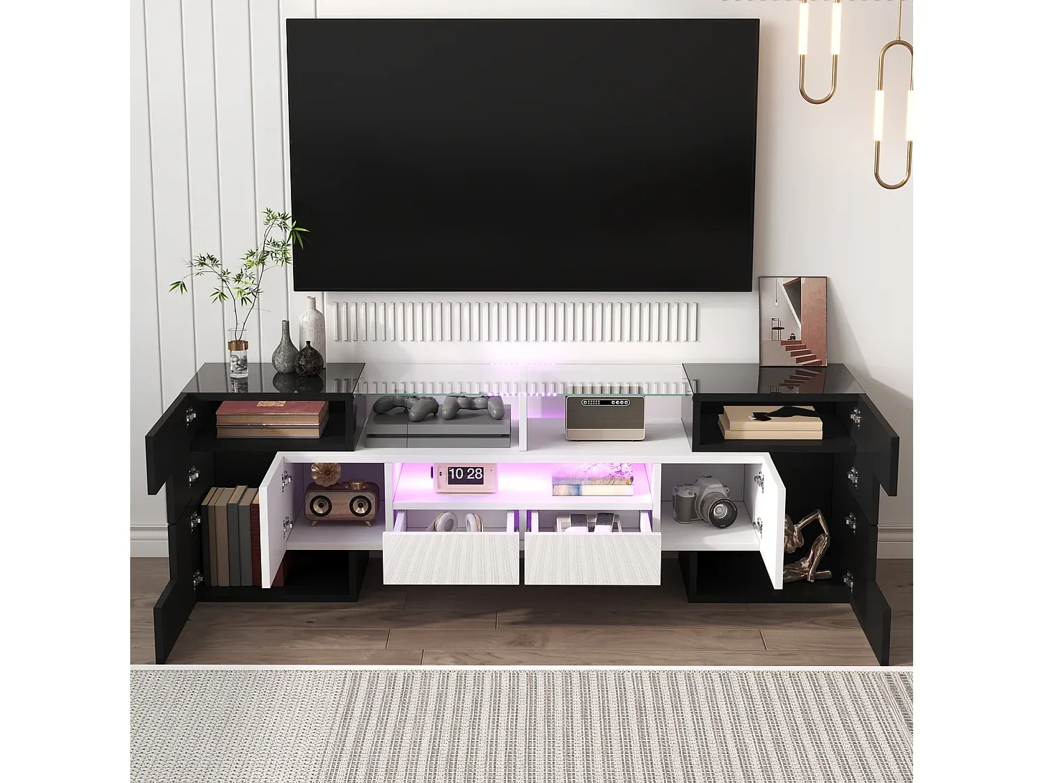 Moderner Fernsehtisch mit LED und Glasoberfläche-Velessaliving