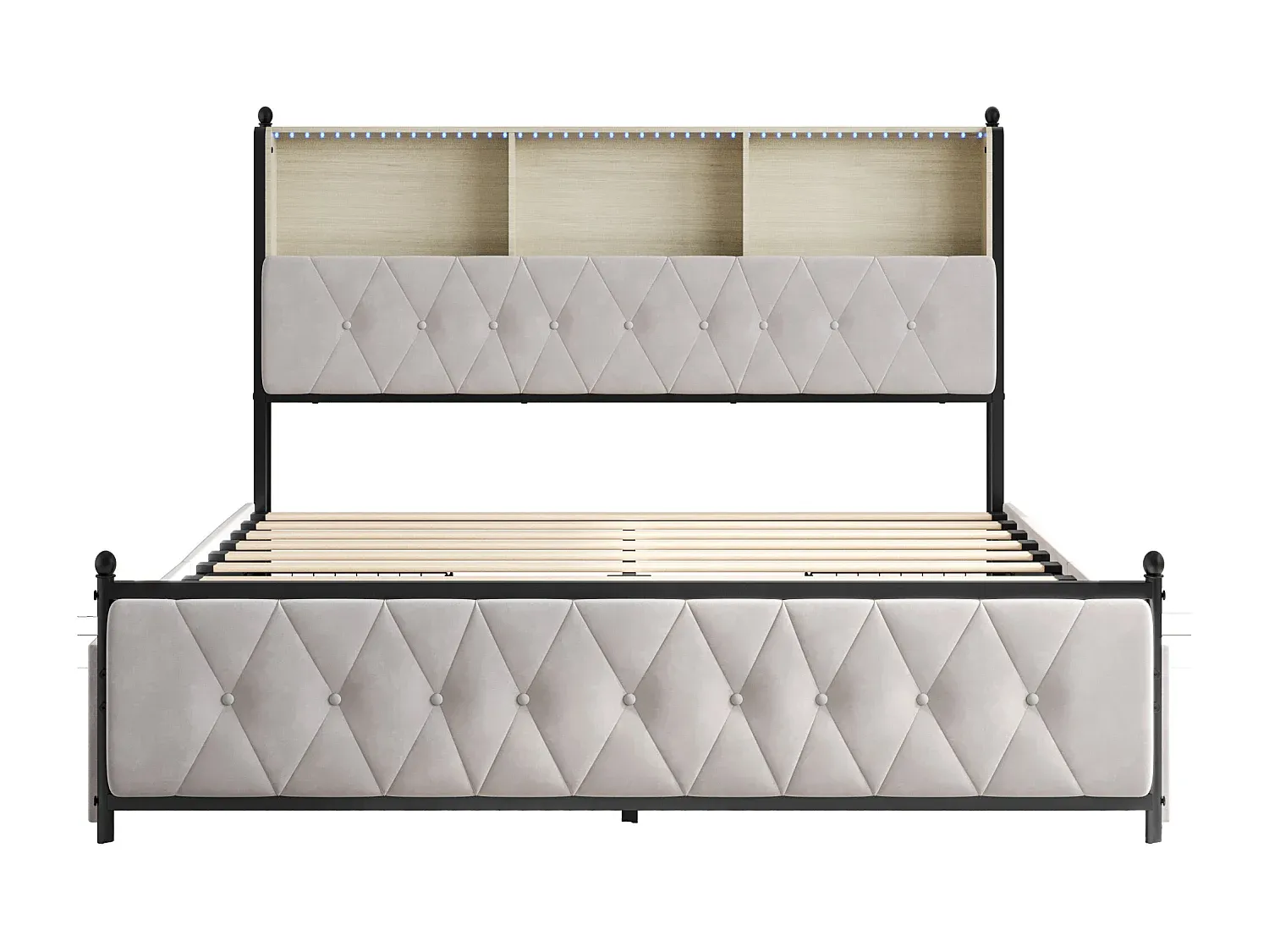 Polsterbett mit LED Beleuchtung und USB-Anschluss, 4 Schubladen, Lattenrost, Samtstoff, 140x200cm, Beige-Velessaliving