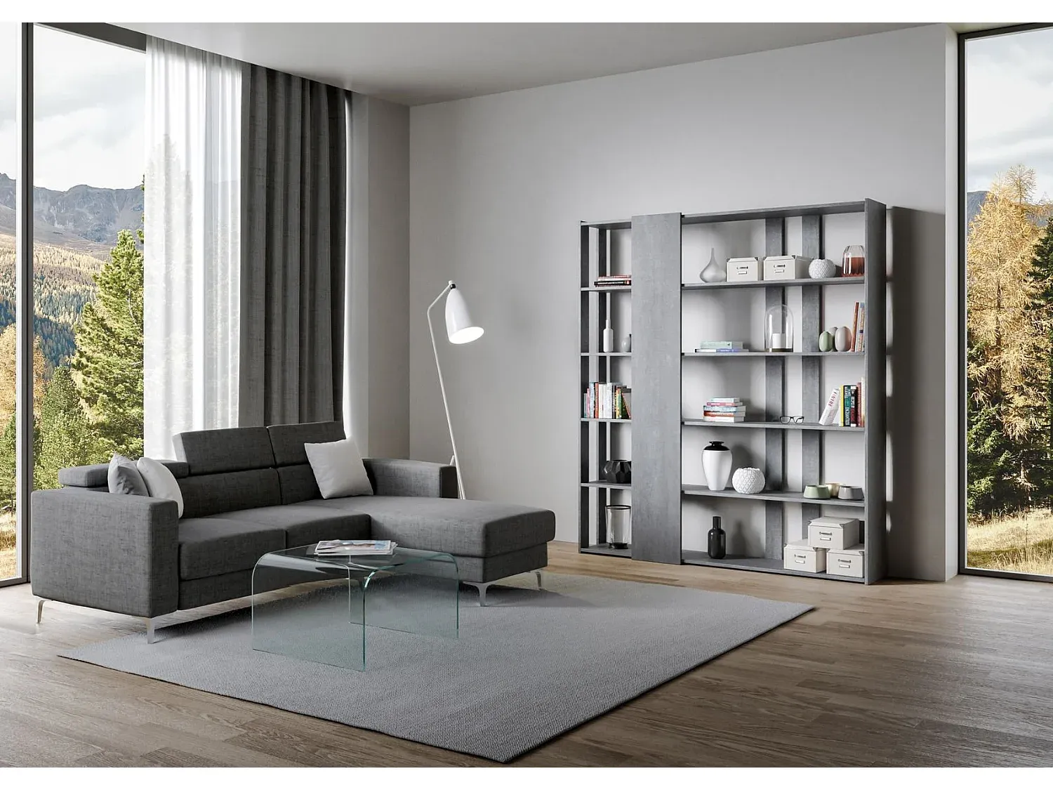 Modernes Bücherregal aus Zementoptik-Velessaliving