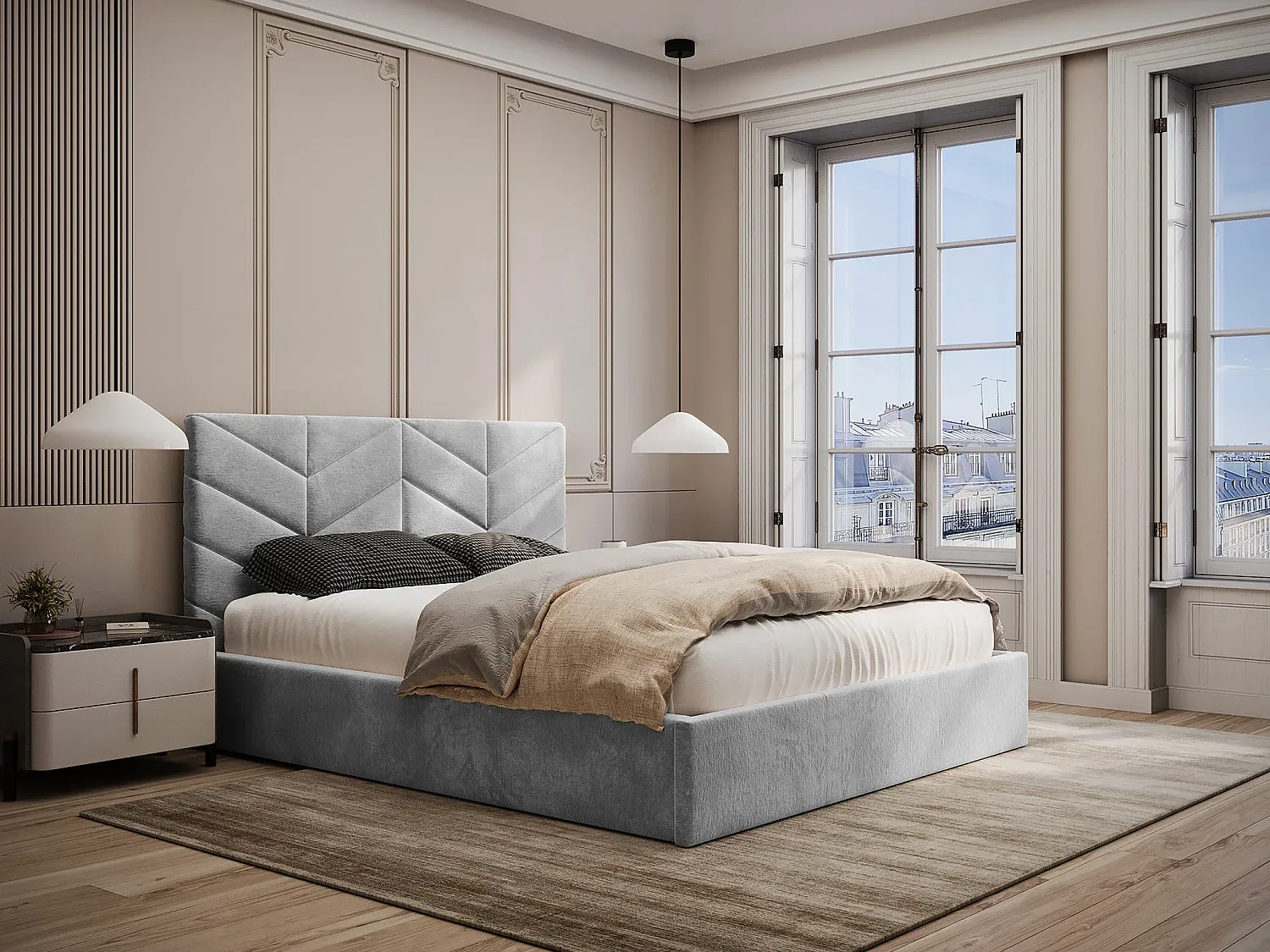 Graues Bett mit Stauraum 140x190 cm aus Strukturstoff-Velessaliving