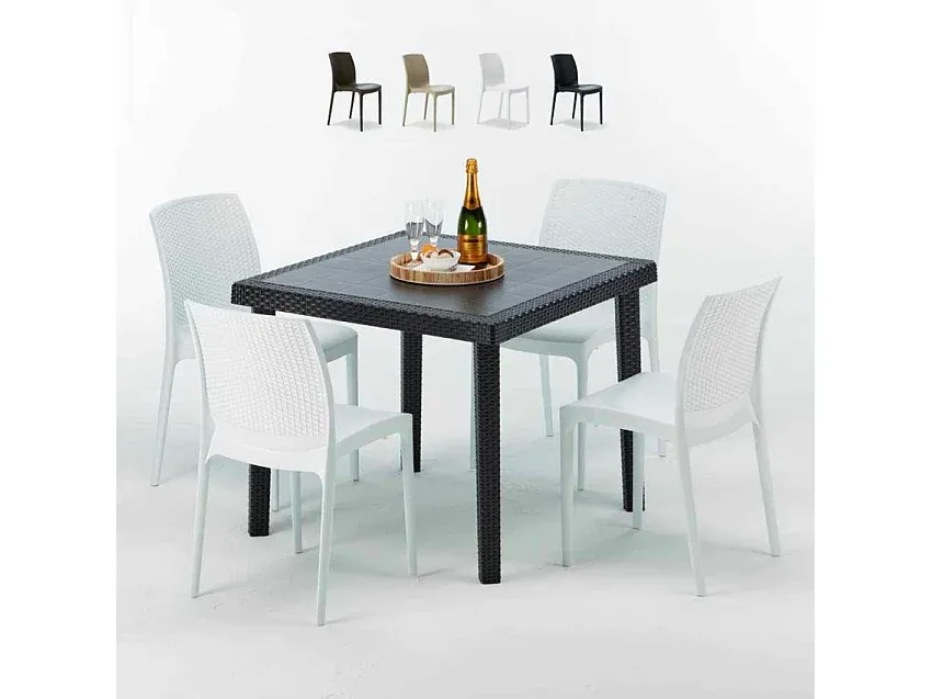 Quadratischer Tisch mit 4 farbigen Stühlen, wetterfest-Velessaliving