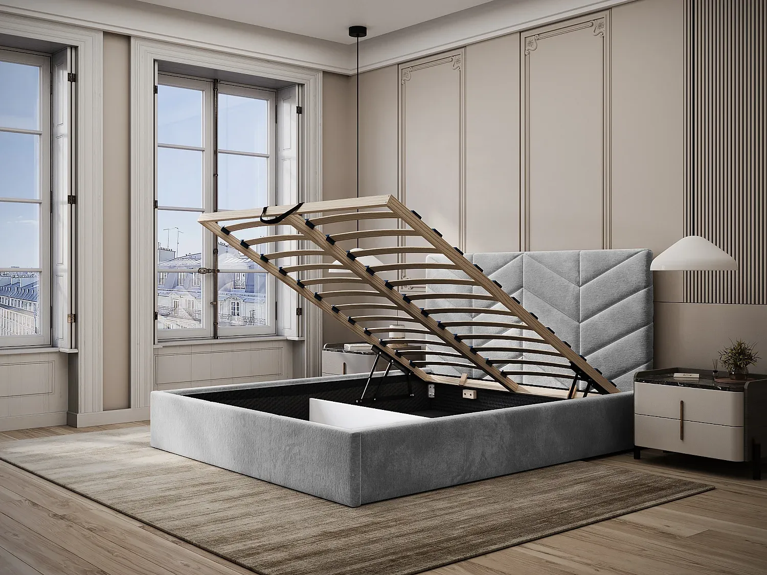 Graues Bett mit Stauraum 140x190 cm aus Strukturstoff-Velessaliving