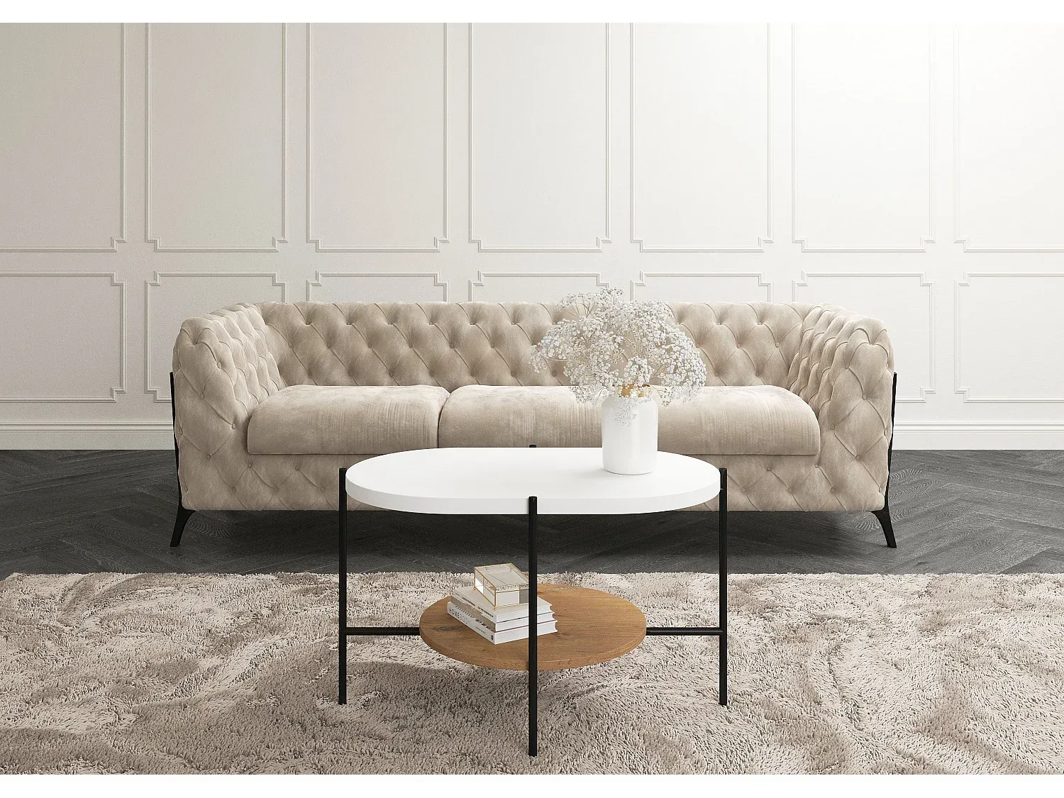 Ovaler Couchtisch im eleganten Design aus Eiche und Schwarz-Basneoion