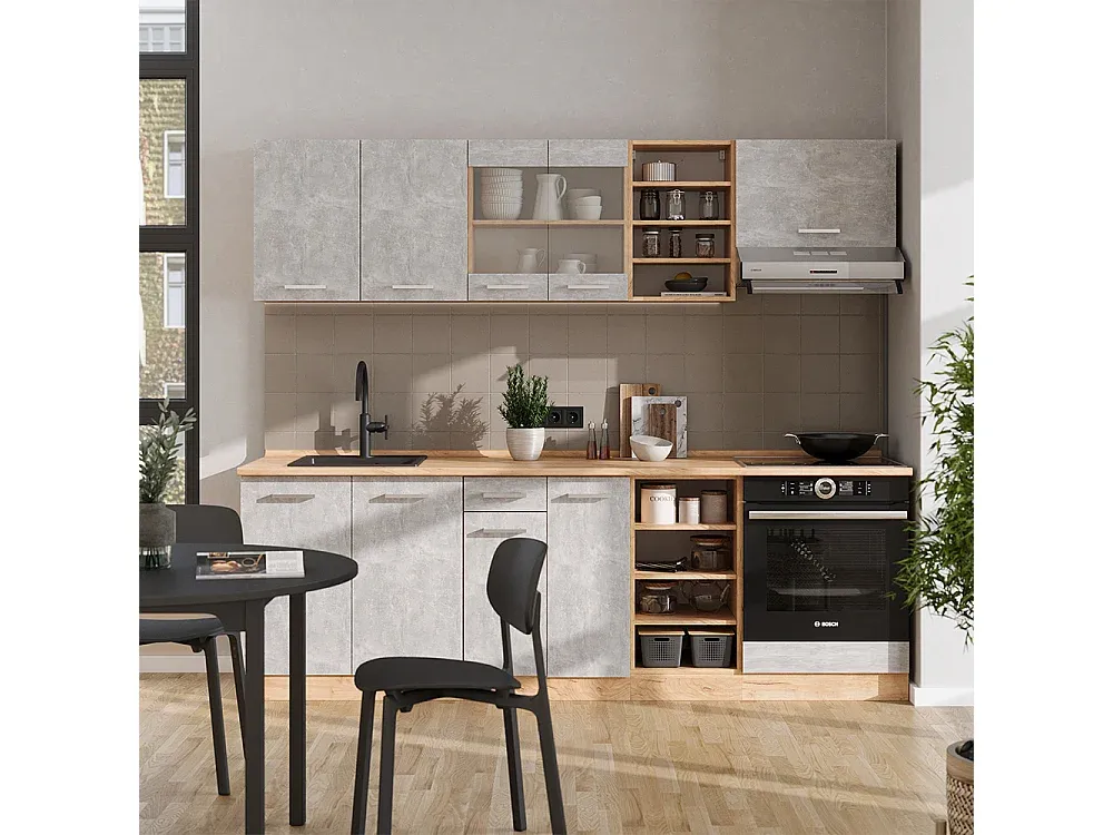 Moderne Küchenzeile in Anthrazit und Eiche, 240 cm-Basneoion