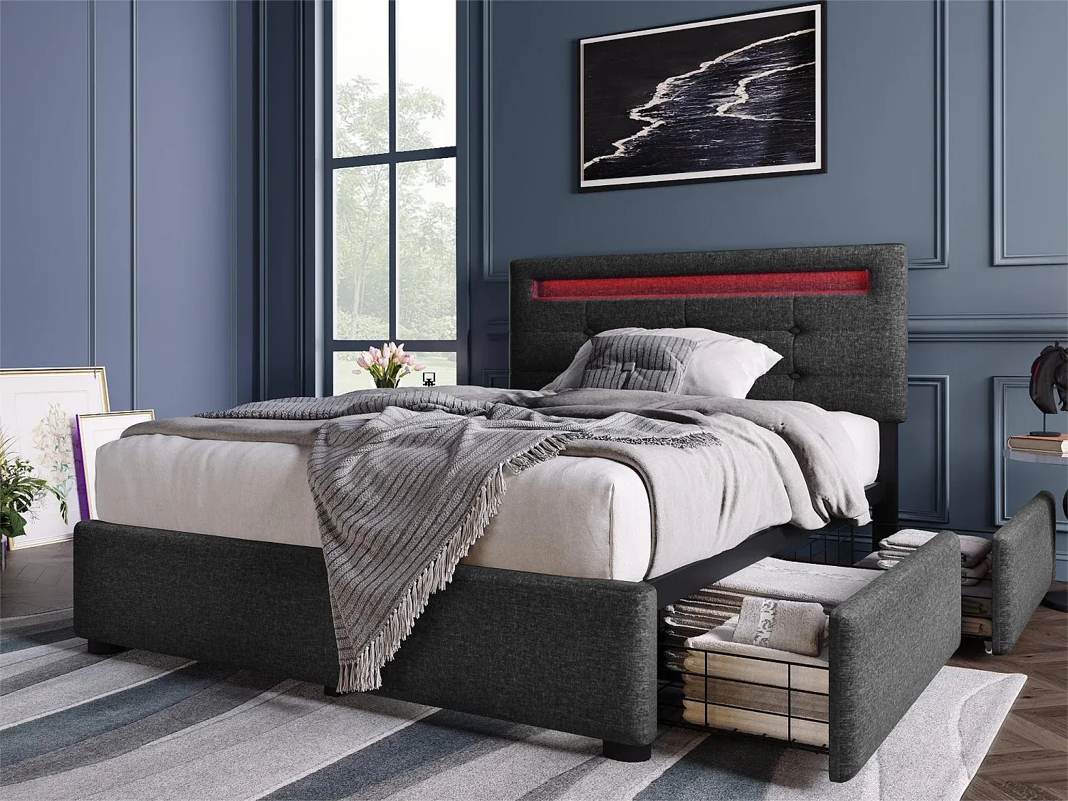 Einzelbett mit Leinenstoff und LED-Beleuchtung, Grau, 90 x 200 cm-Basneoion