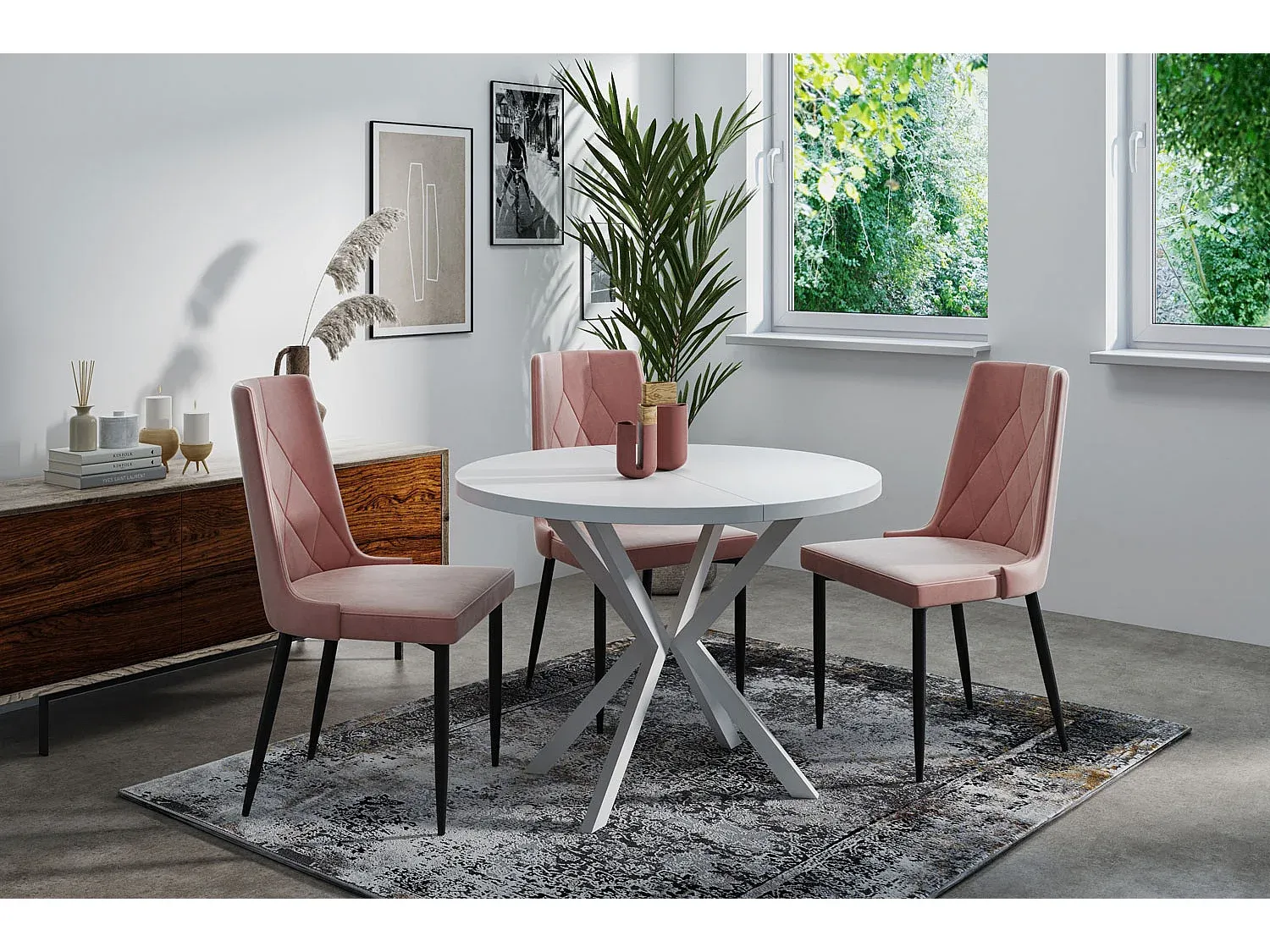 Runder Ausziehtisch für 8 Personen mit weißen Metallbeinen-Basneoion