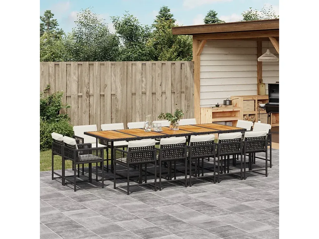 Große Garten-Essgruppe mit Kissen aus Schwarzem Polyrattan-Basneoion