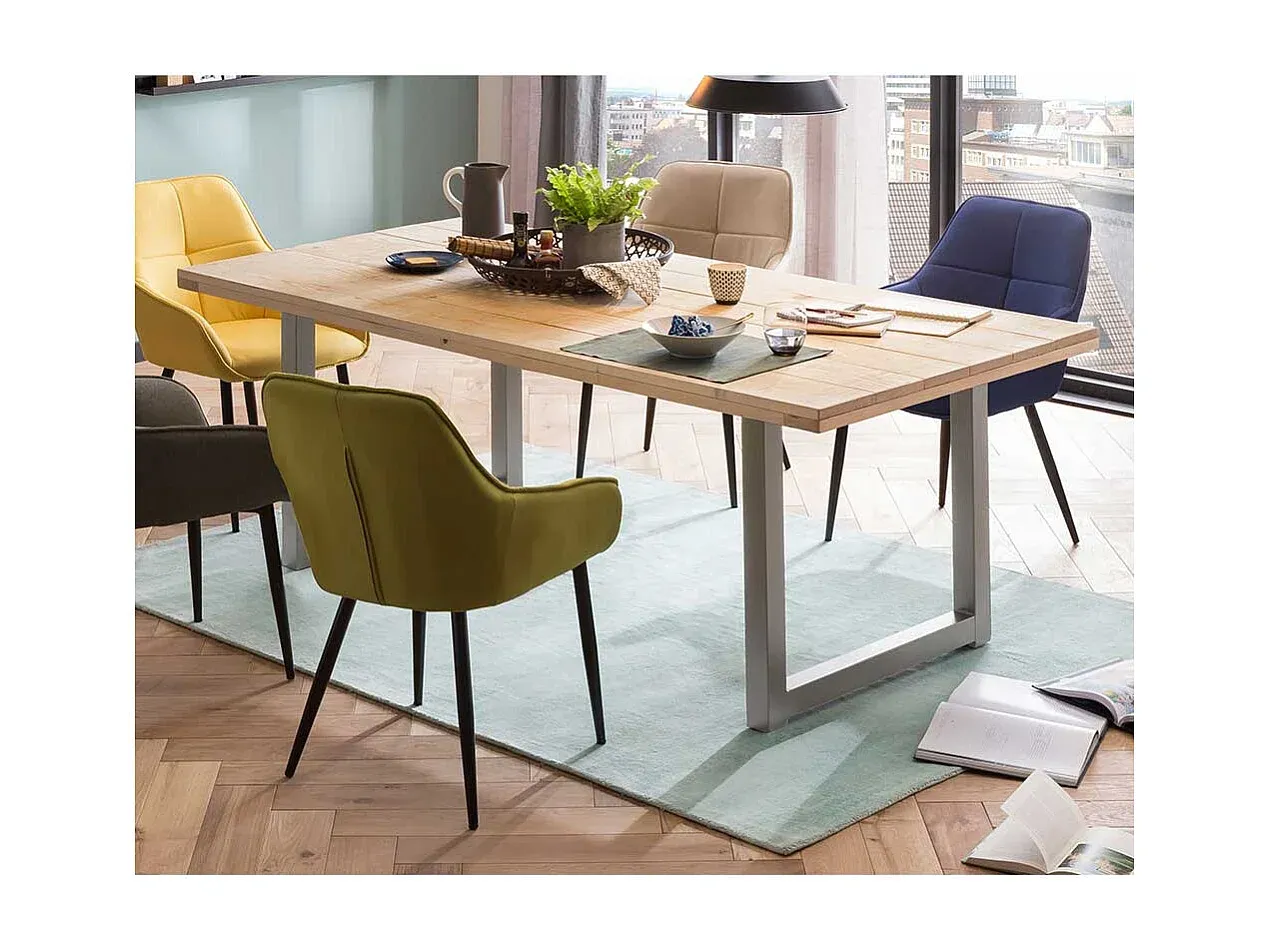 Esstisch aus Holz mit Metallgestell in Antiksilber-Basneoion