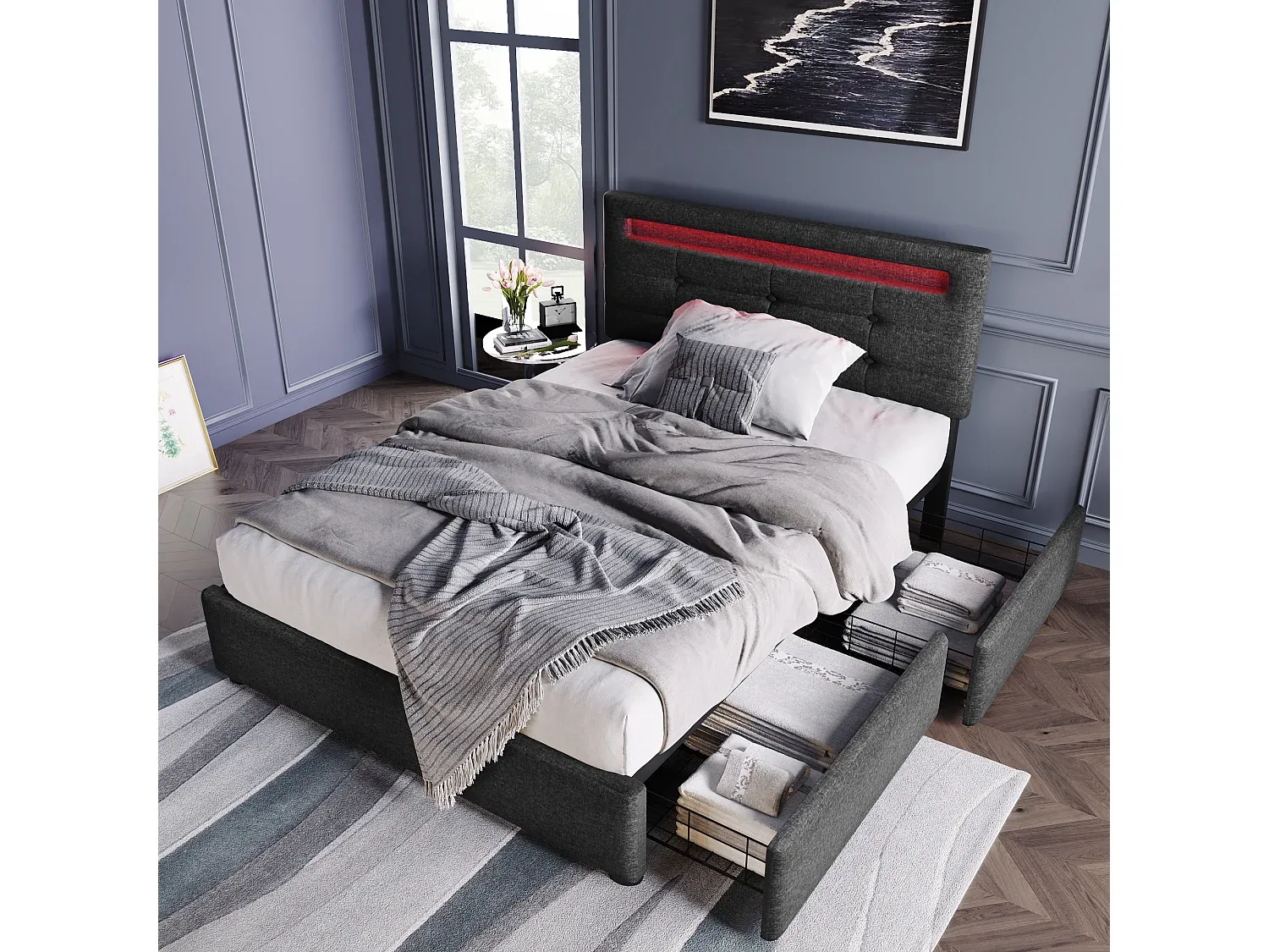 Einzelbett mit Leinenstoff und LED-Beleuchtung, Grau, 90 x 200 cm-Basneoion