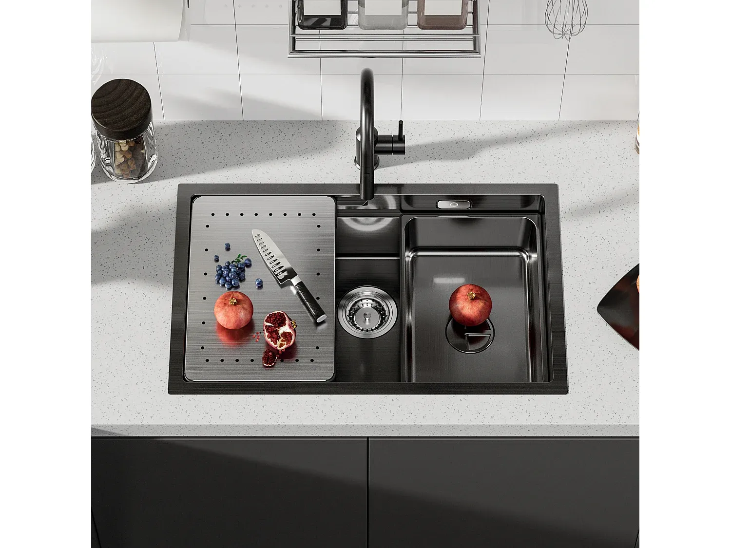 Moderne Edelstahl-Küchenspüle mit Abtropffläche und Mischbatterie-Basneoion