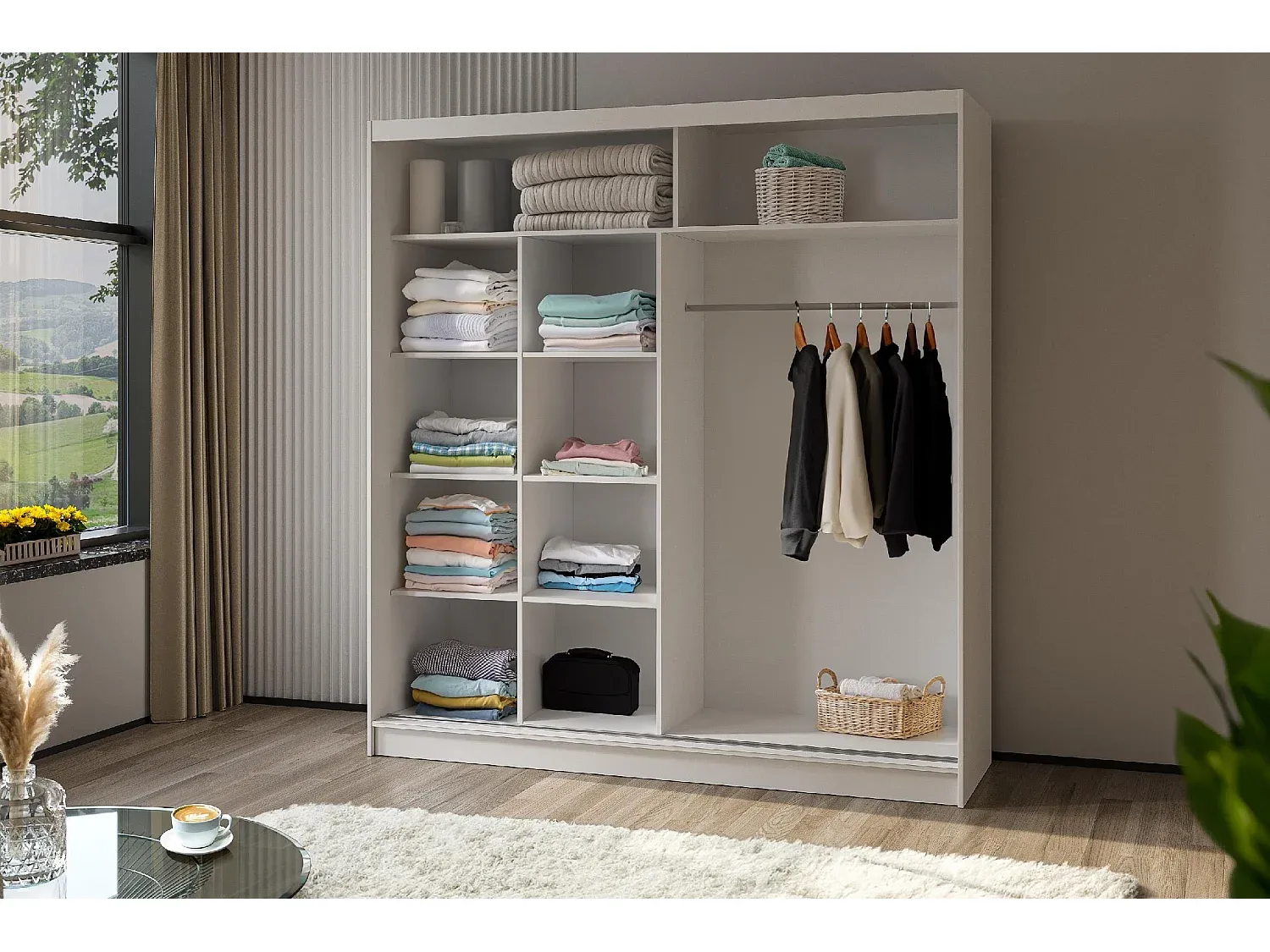 Großer Kleiderschrank mit Spiegel und Schiebetüren in Weiß-Basneoion