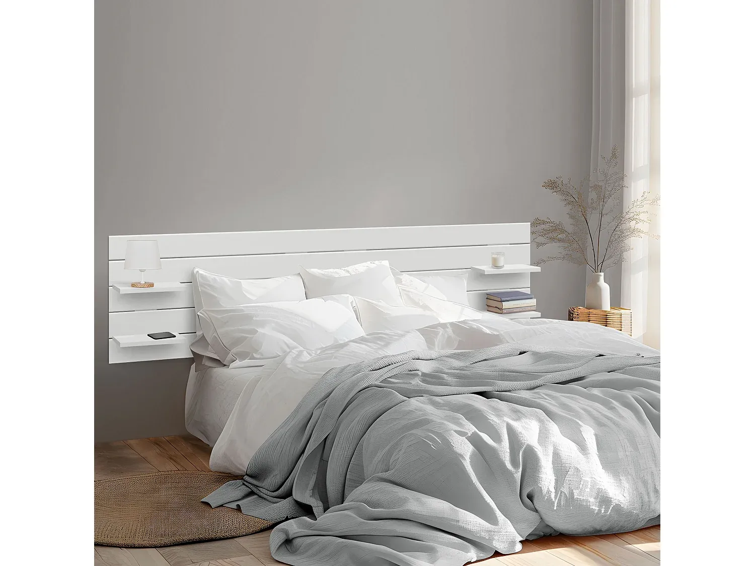 Kopfteil mit Regalen aus recyceltem Holz im Paletten-Stil, horizontale Wandmontage, nordisches Vintage-Design, 290 cm in Weiß-Basneoion