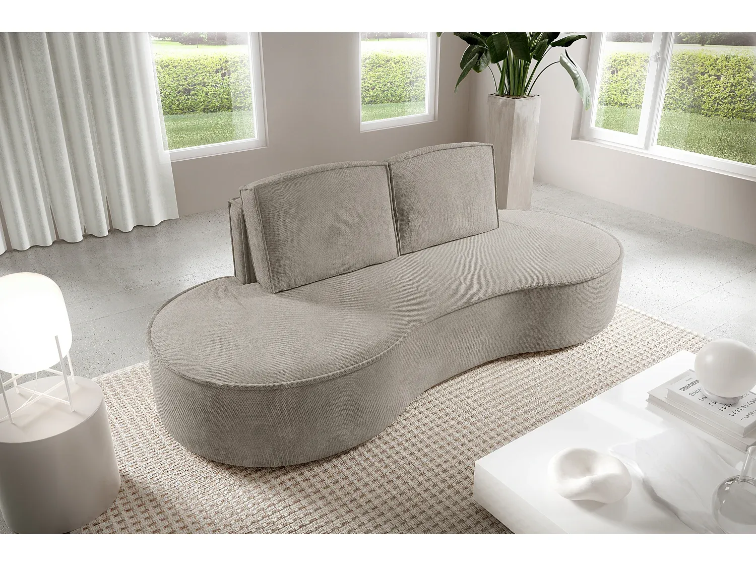 Freistehendes halbrundes Designsofa mit abnehmbaren Rückenkissen aus Stoff, Größe 234x101x88 cm, Farbe Esche-Basneoion