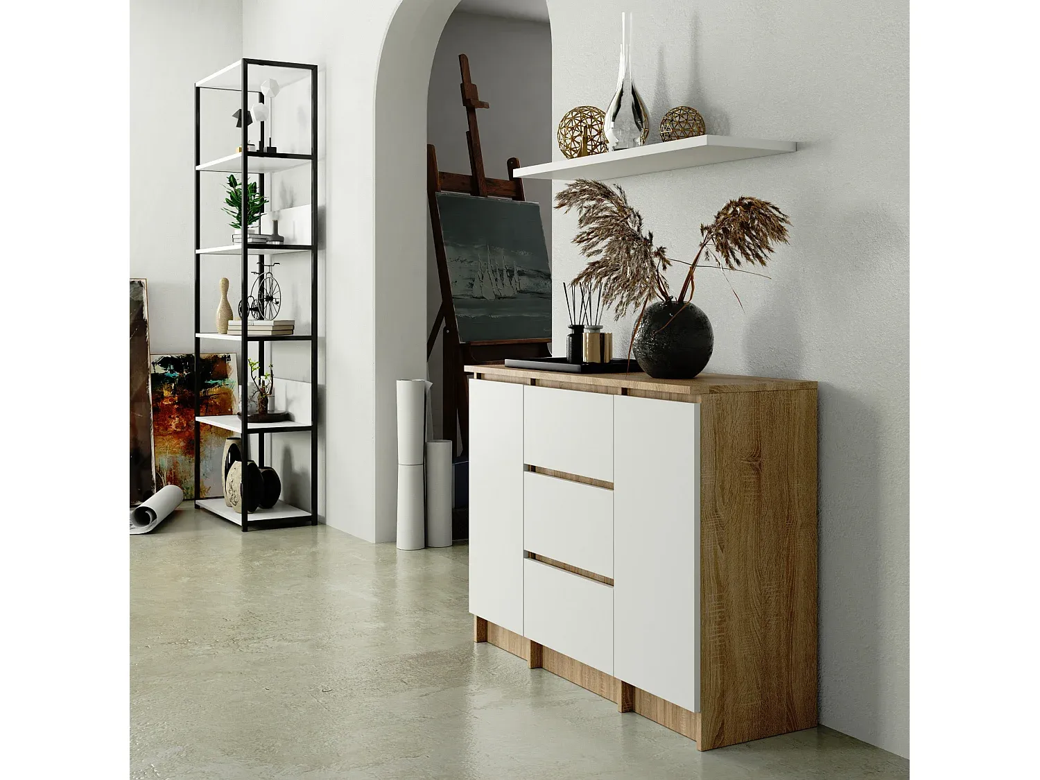 Geräumige Eichenkommode mit Schubladen und Regalböden-Basneoion