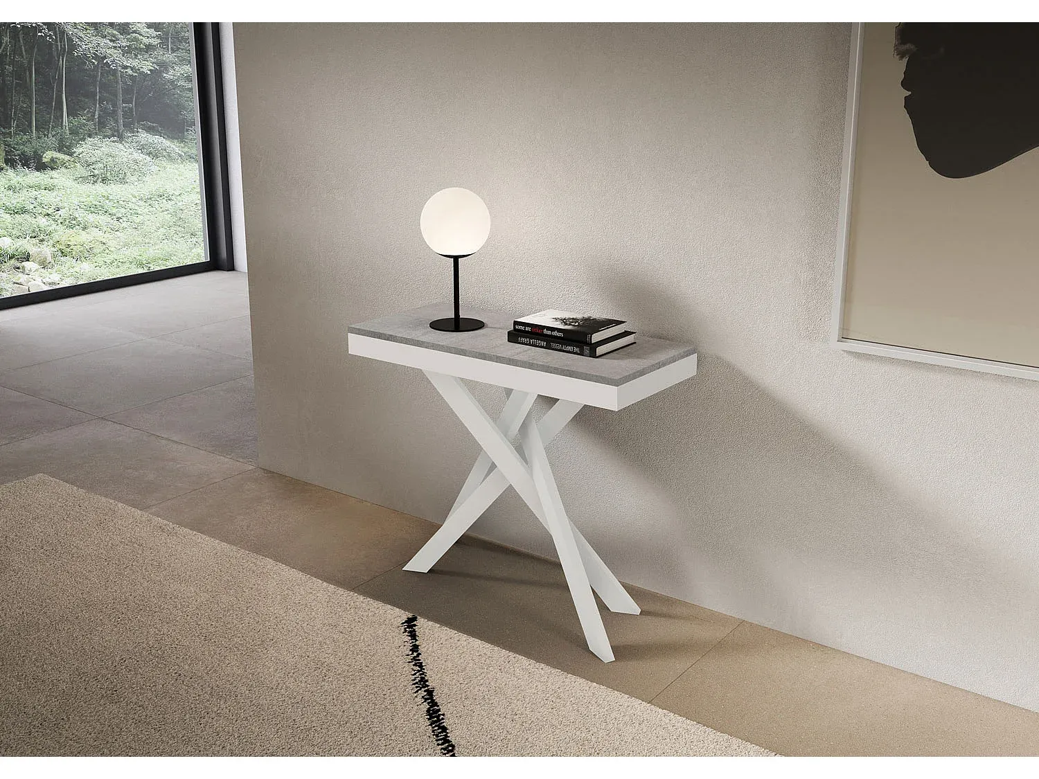 Kompakter ausziehbarer Tisch in Betonweiß, 90x40/196 cm-Basneoion