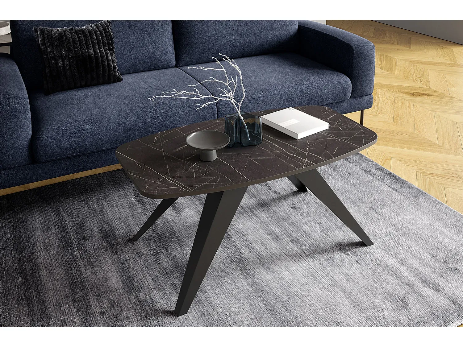 Moderner Couchtisch mit Grauer Steinoptik, Schwarz, 120 x 60 x 48 cm-Basneoion