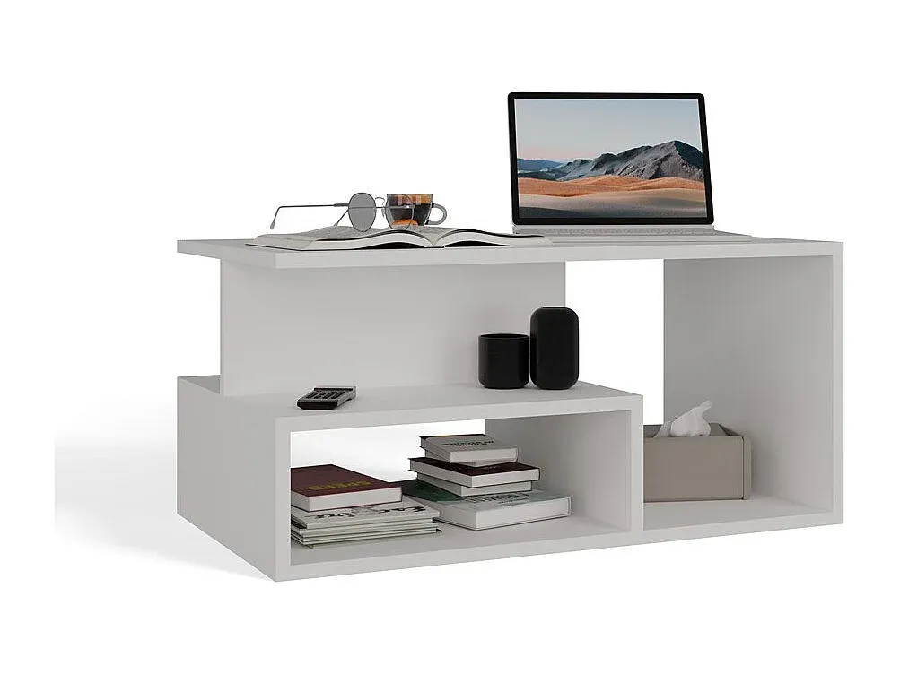 Moderner weißer Couchtisch mit Regal, rechteckige Form für Wohnzimmer oder Büro-Basneoion