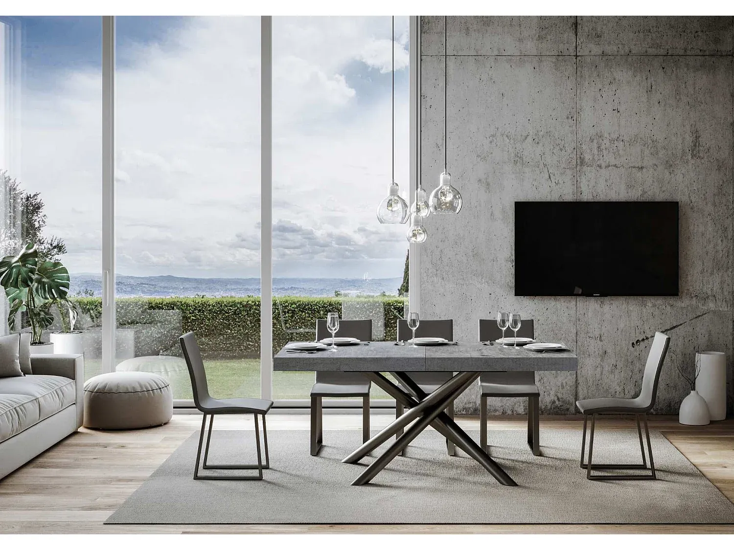 Moderner Ausziehtisch mit Eisenrahmen, Zementoberfläche-Basneoion