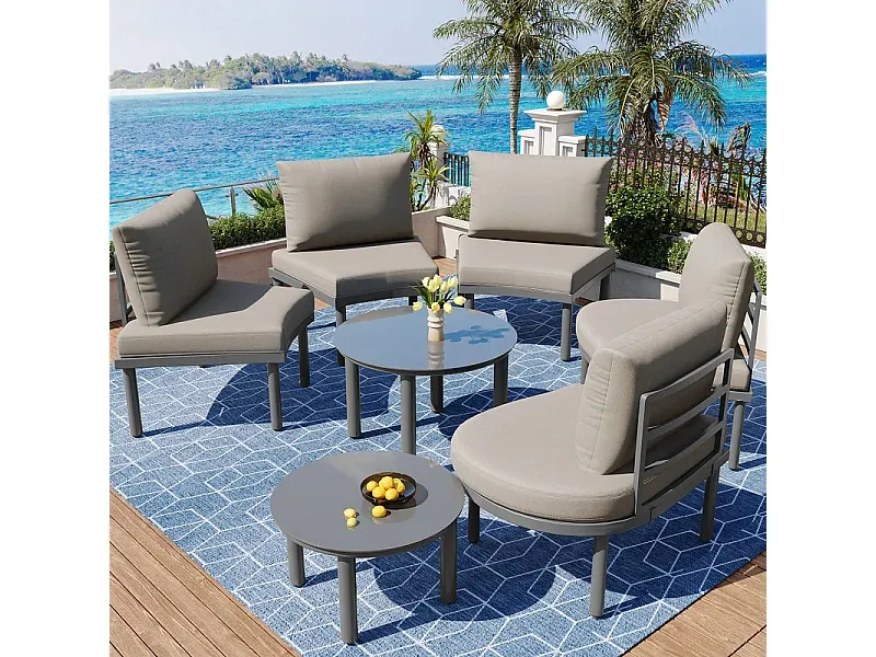 Metall-Gartenset: 5-Personen Sofa mit Kissen und höhenverstellbaren Tischen-Basneoion