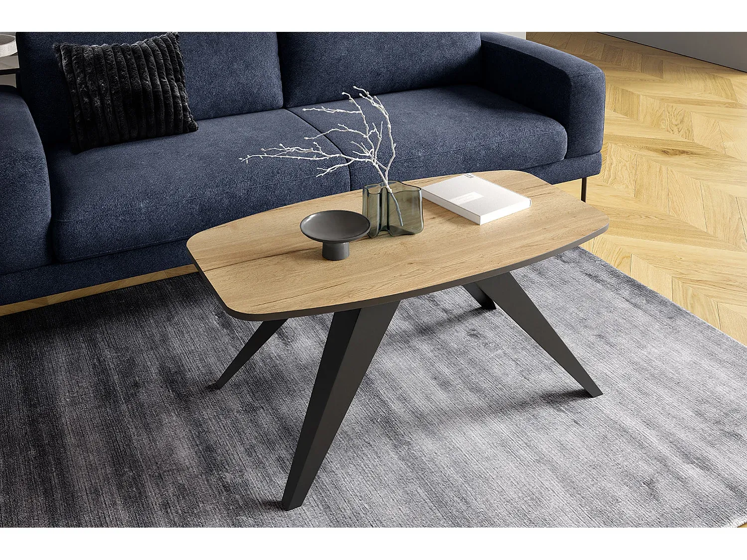 Moderner Couchtisch mit Grauer Steinoptik, Schwarz, 120 x 60 x 48 cm-Basneoion