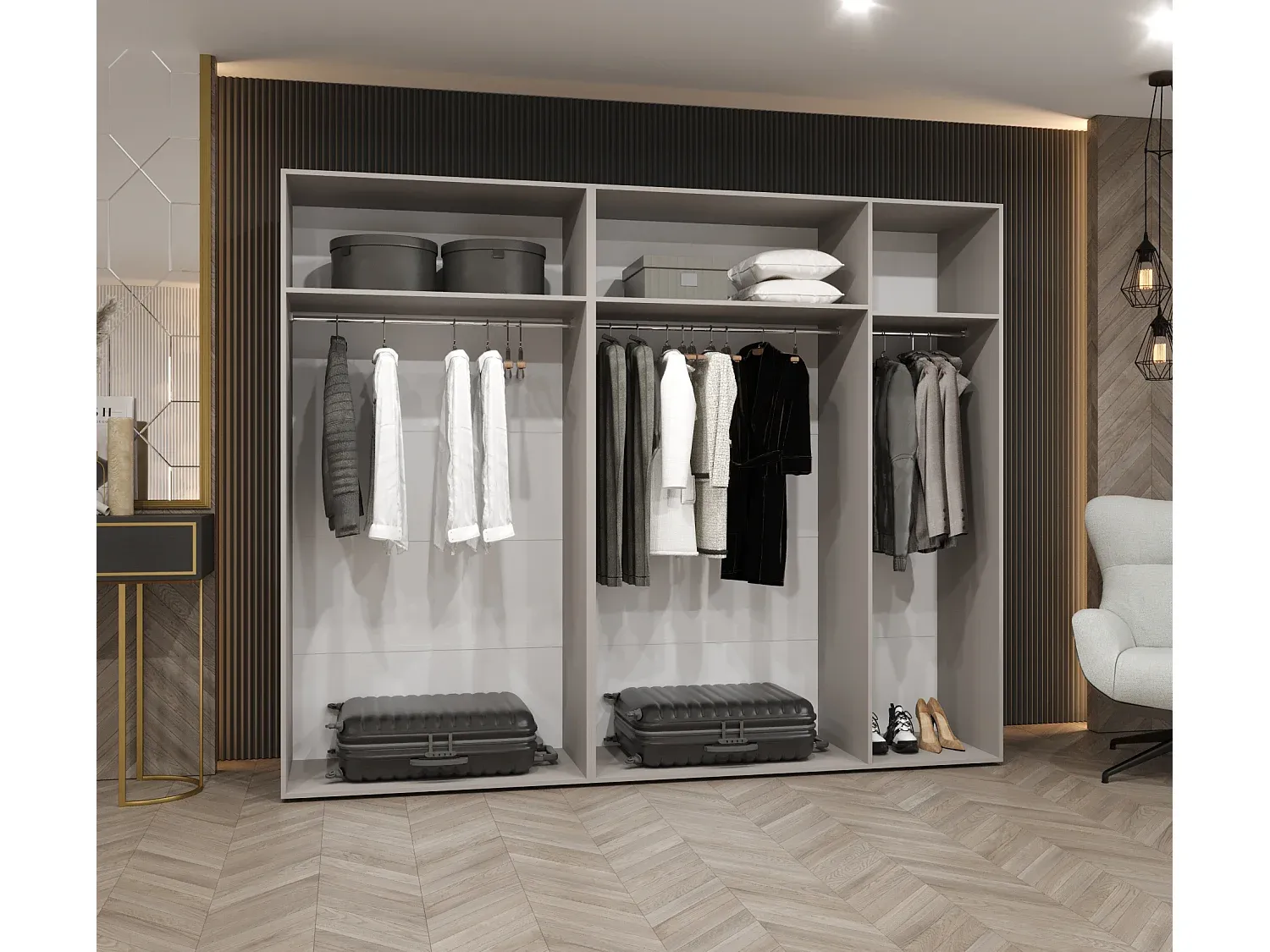 Großer Kleiderschrank mit Drehtüren in Weiß und Kaschmir-Basneoion