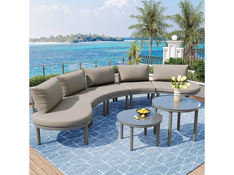 Metall-Gartenset: 5-Personen Sofa mit Kissen und höhenverstellbaren Tischen-Basneoion