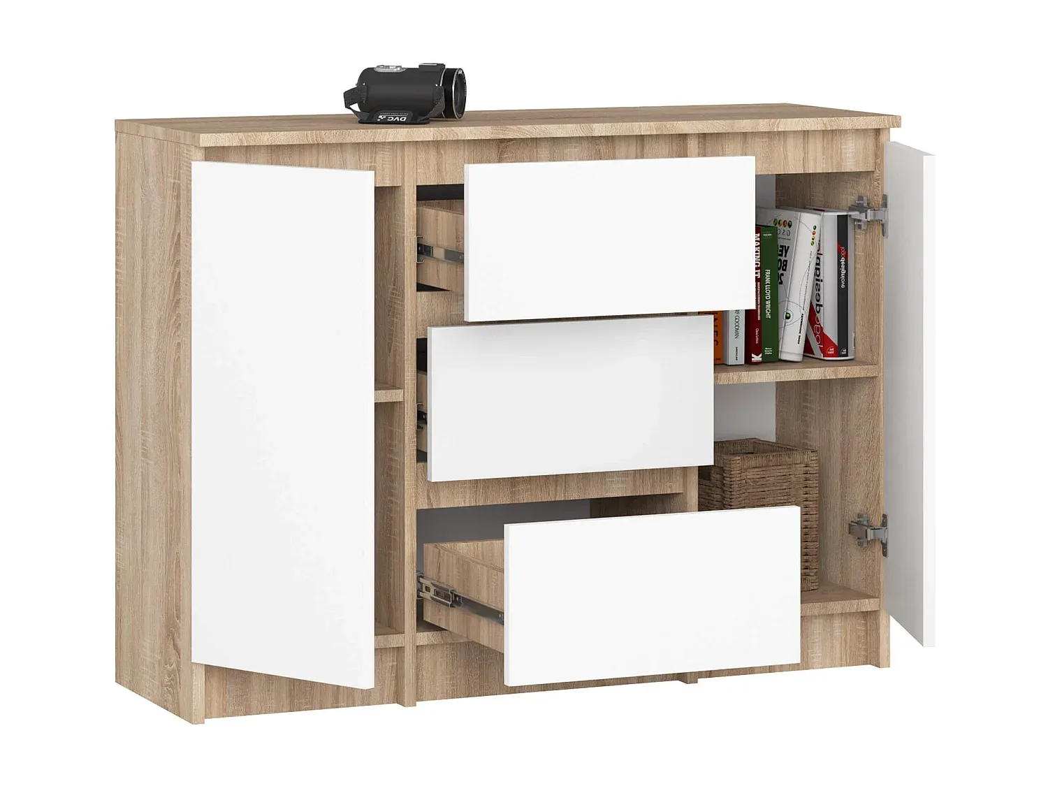 Geräumige Eichenkommode mit Schubladen und Regalböden-Basneoion