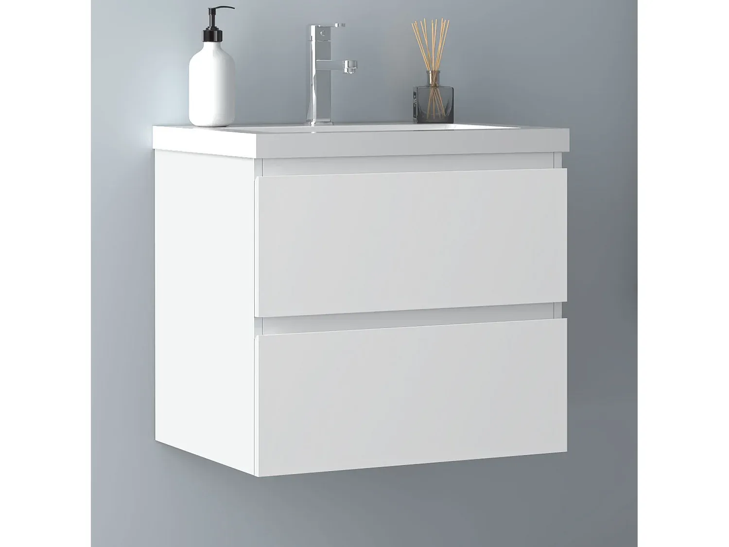 Hängeschrank mit Keramik-Waschtisch 60cm, Weiß Matt-Basneoion