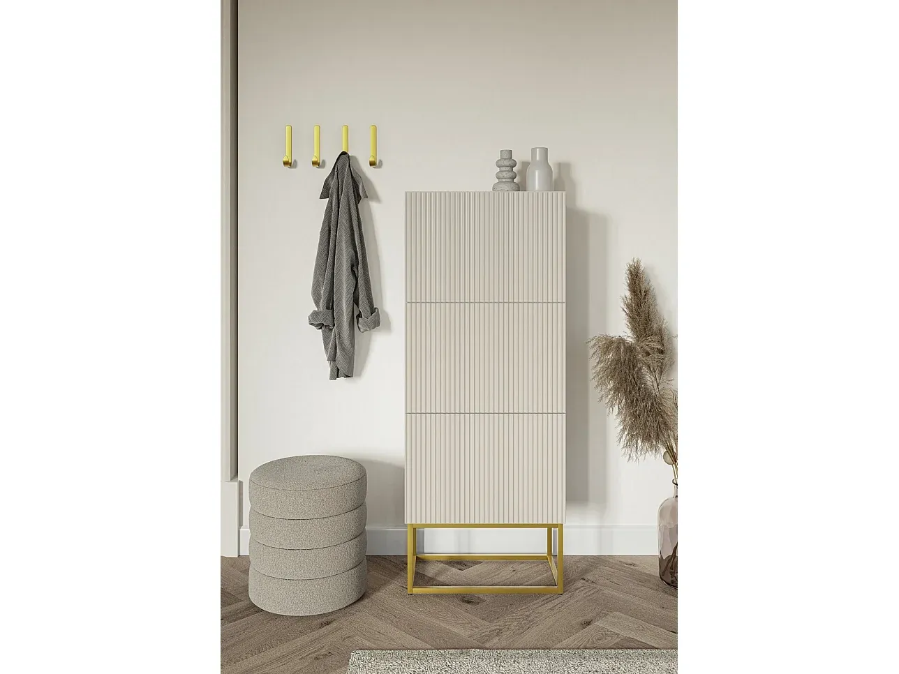 Moderner Schuhschrank mit Metallgestell, Greige, 3 Klappen, 50 cm-Basneoion