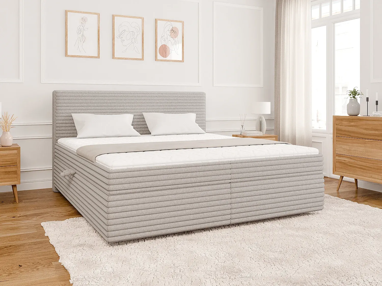 Boxspringbett 180x200 mit Topper und Bettkästen in Hellgrau-Basneoion