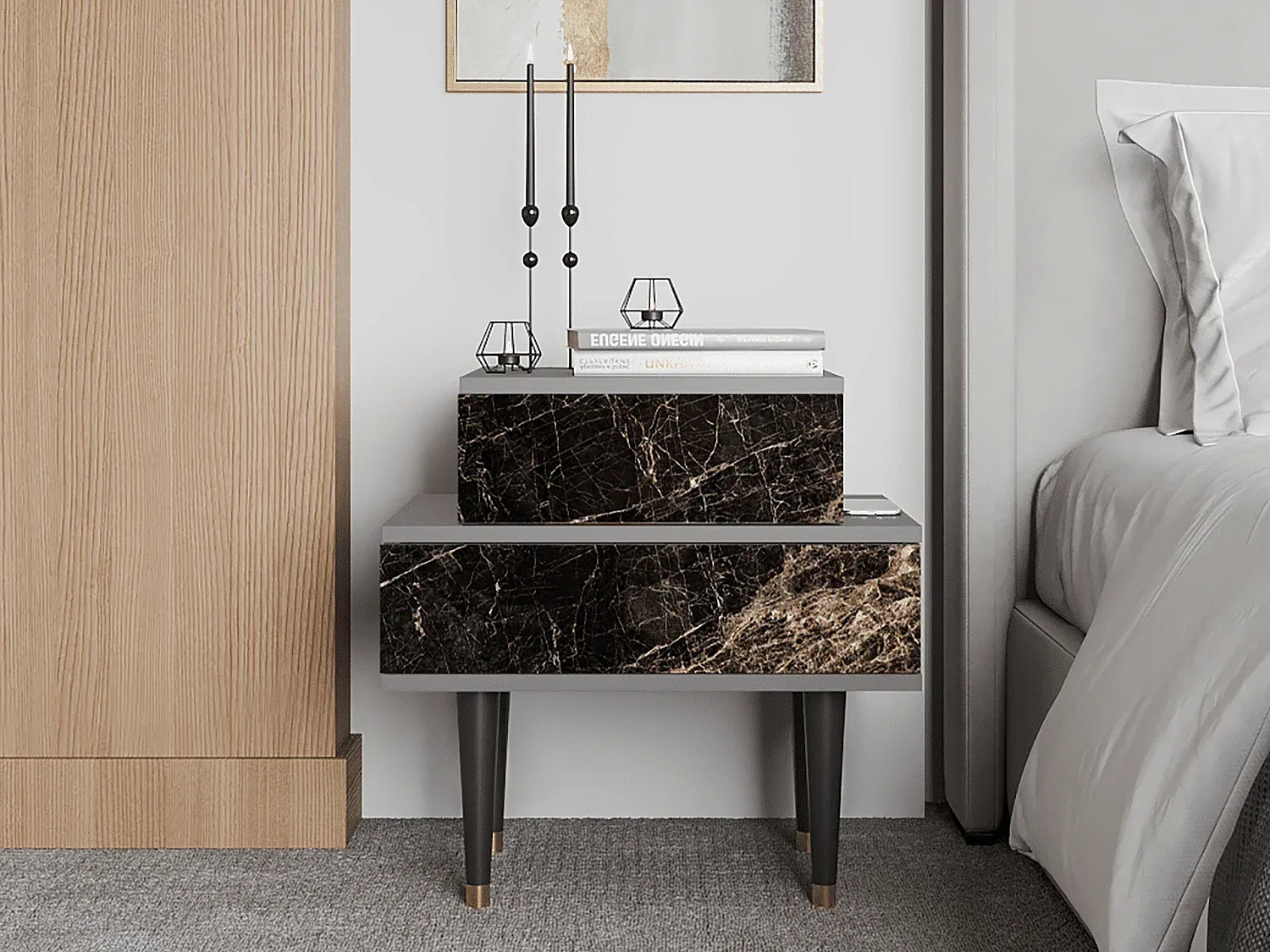 Moderner Nachttisch in Grau mit Stauraum-Basneoion