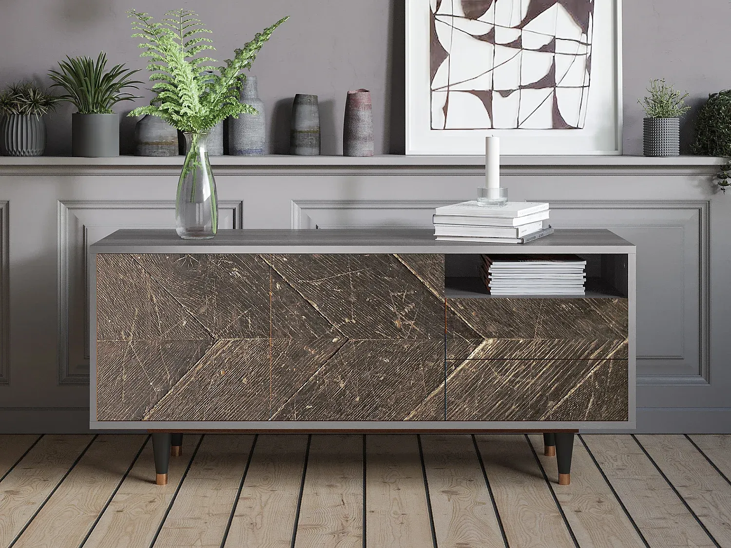 Moderner TV-Schrank mit großem Stauraum, Grau-Basneoion