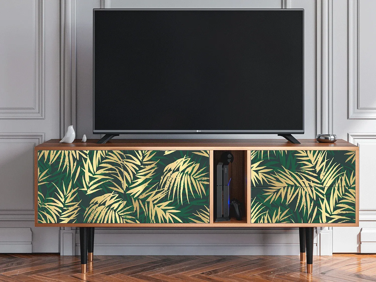 Modernes TV-Regal mit Stauraum, Walnuss-Basneoion