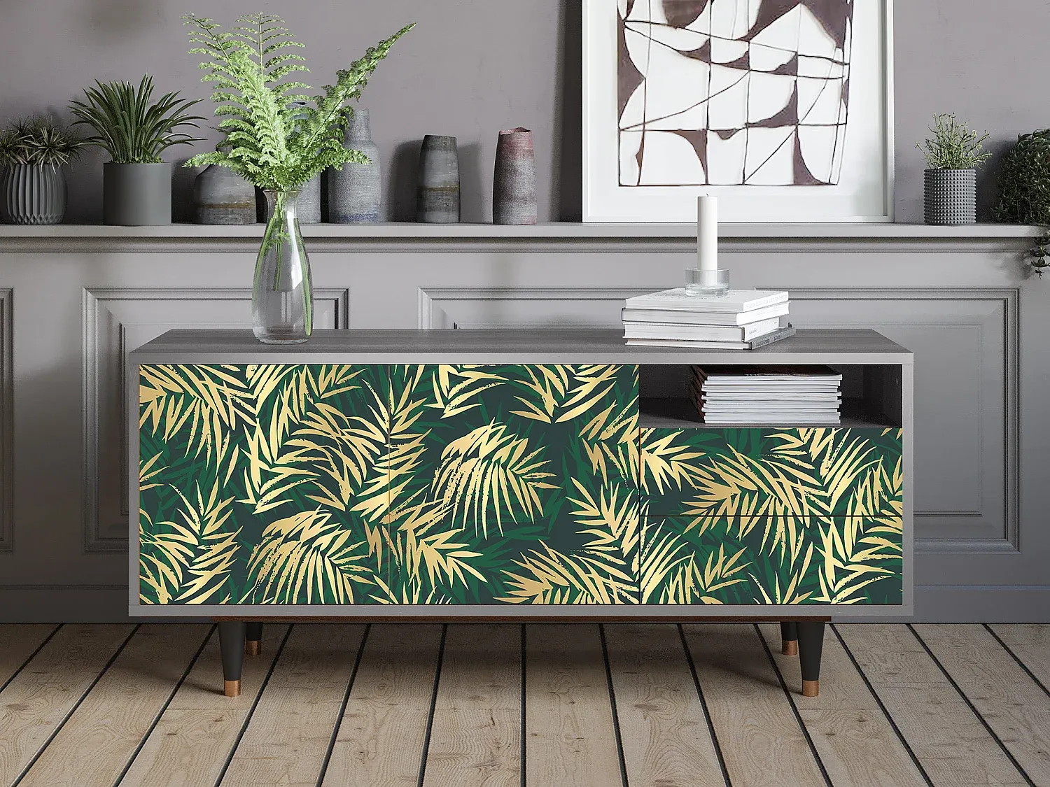 Moderner TV-Schrank mit Palmen-Design, Grauton-Basneoion