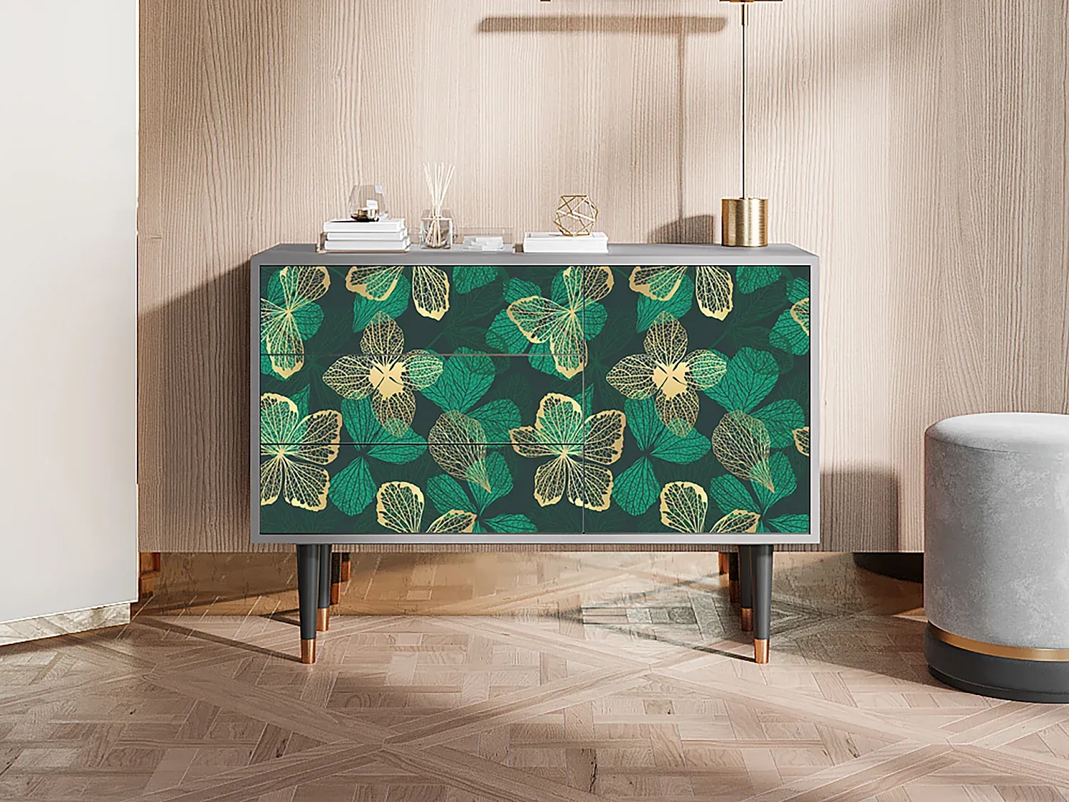 Design-Sideboard mit Blumenmuster, Grau-Basneoion