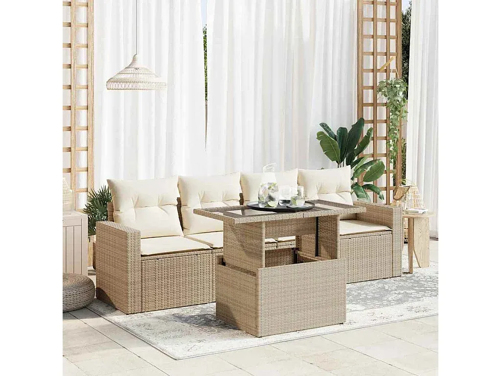 Garten-Sofagarnitur aus Poly-Rattan mit Kissen, 5-teilig, Beige-Basneoion
